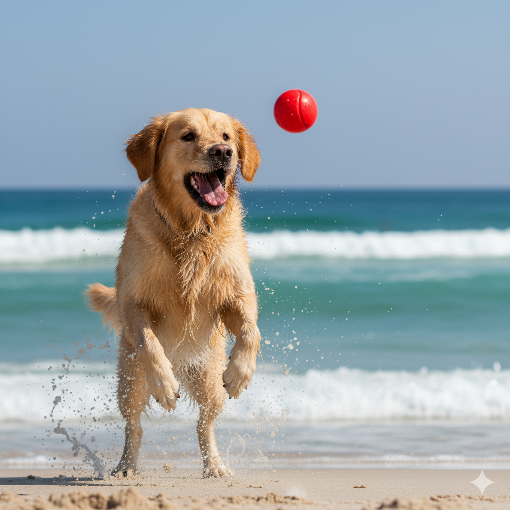 Pies z piłką przed